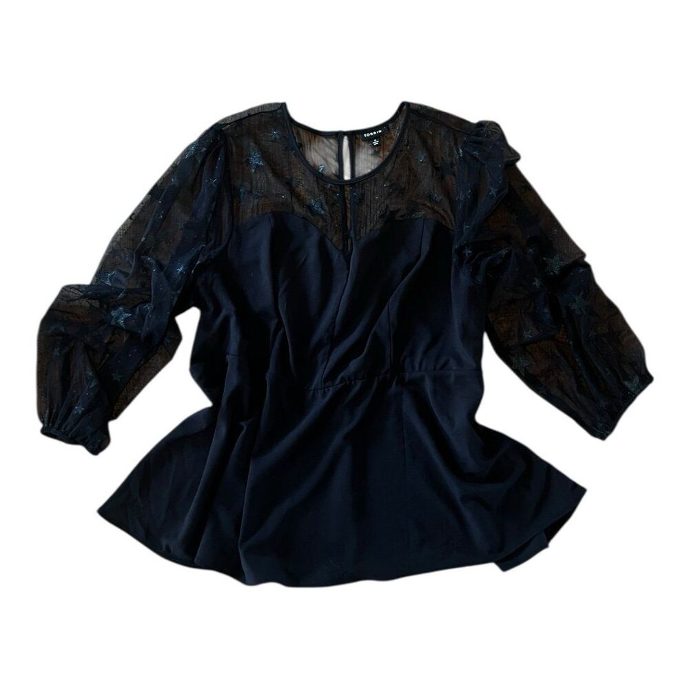 Torrid Black Peplum Blouse Size 4 4X Glitter Star Mesh Long Sleeve